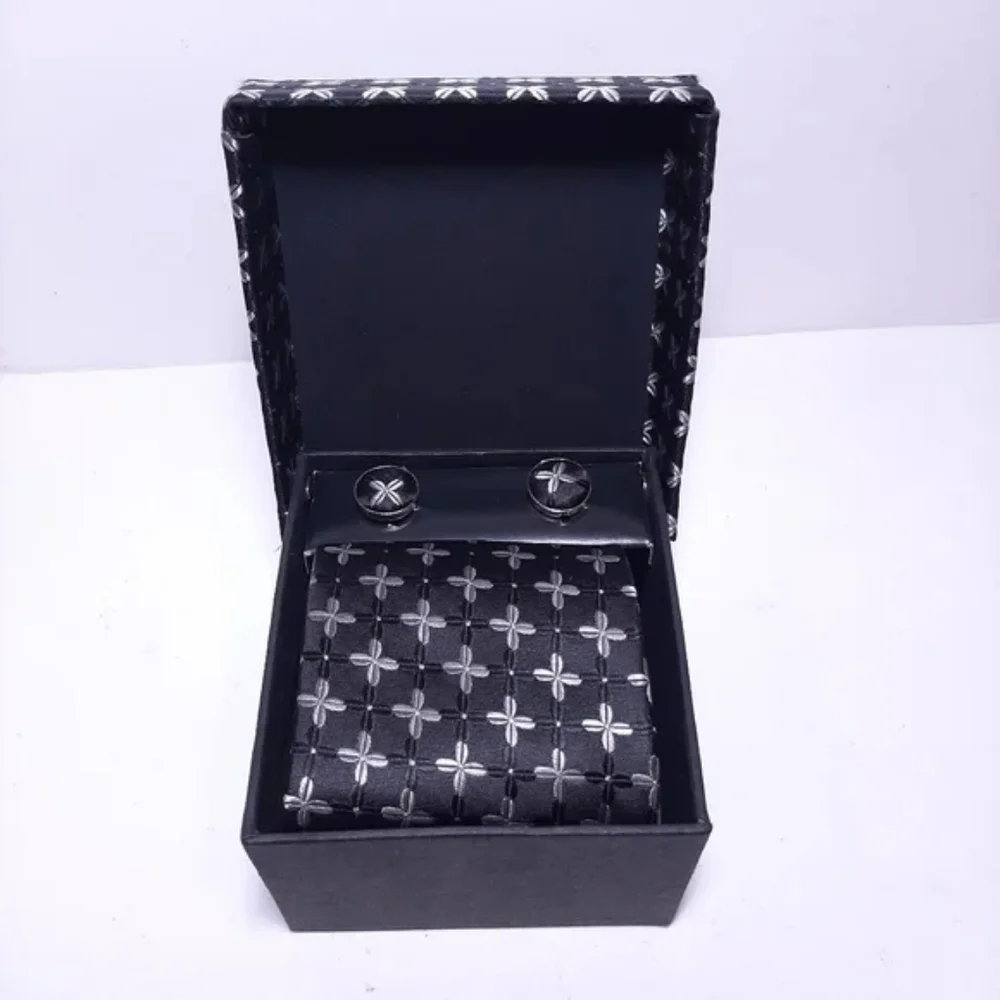 3Pc Boxed Gift Tie Set Coordinated Print Cuff Links Pocket Square